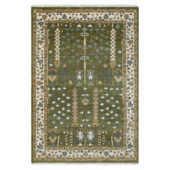 Alfombra turca vintage de lana tejida a mano con motivos de árboles, color verde musgo, de 6x9 (G - 15655)