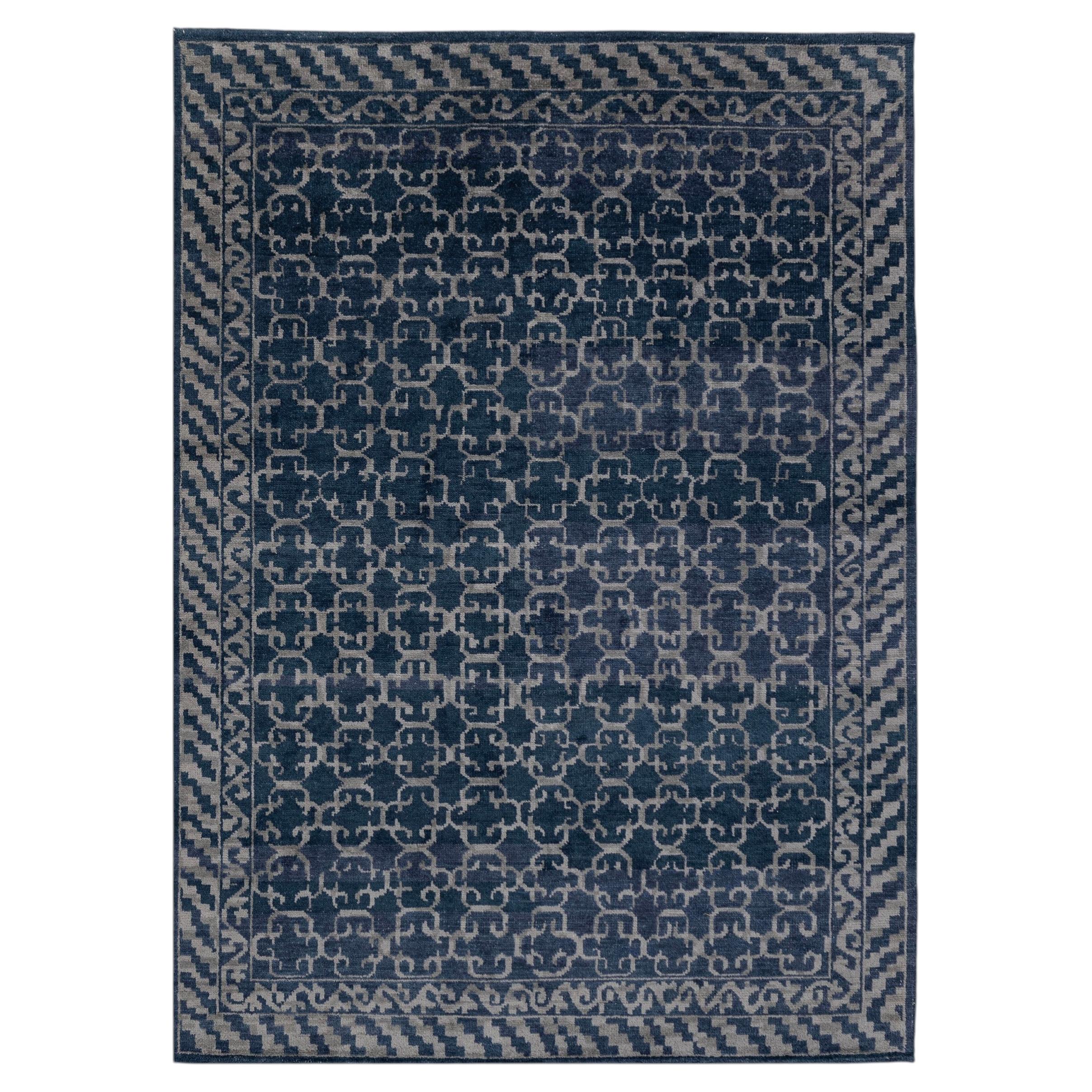 8x10 Navy Pattern Modern Traditional Hand Knotted Wool Rug ( G - 9093 ) For Sale