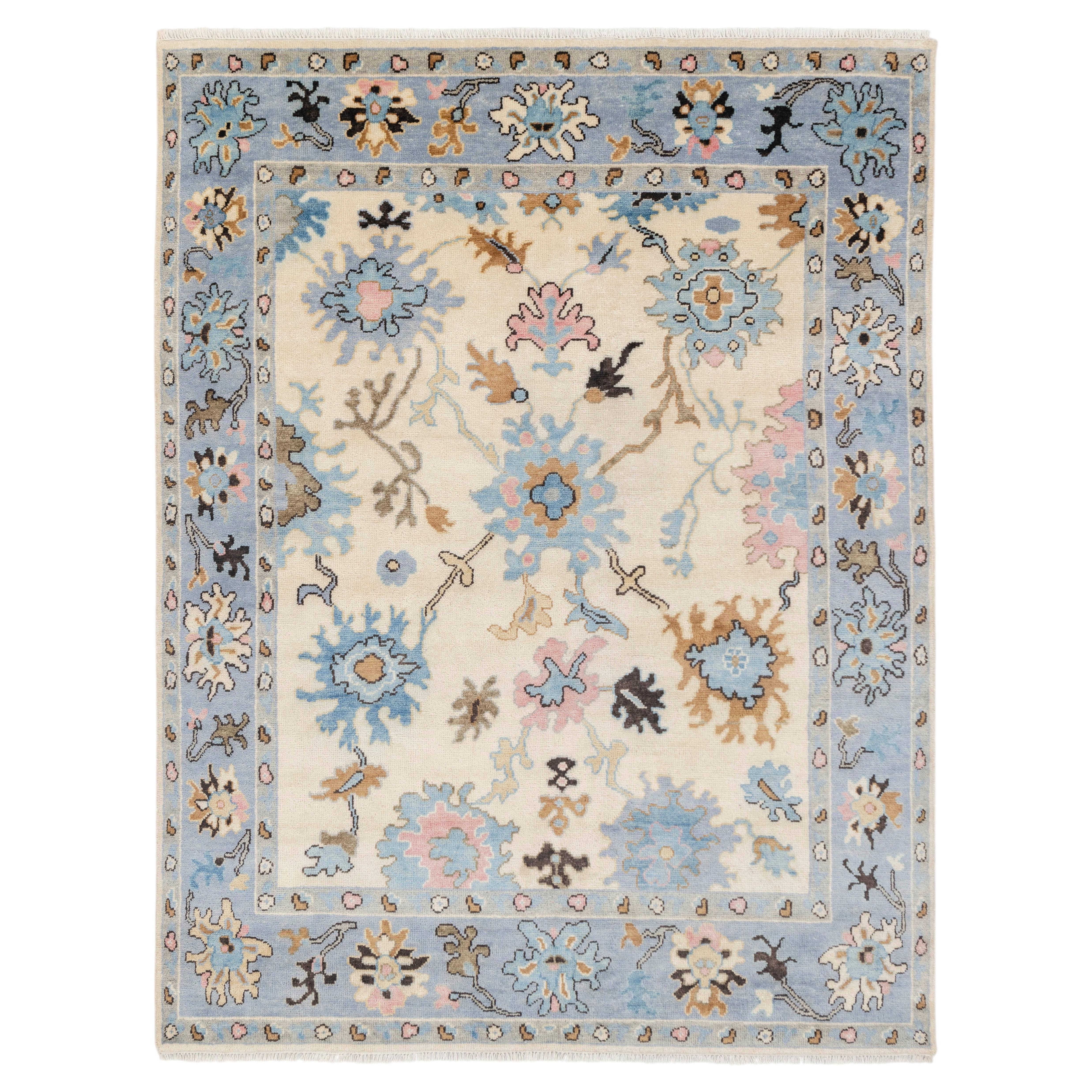 Tapis Oushak traditionnel en laine noué à la main, bleu ivoire, 8 x 10 (G - 9099)