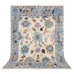 8x10 Ivory Blue Traditional Oushak Hand Knotted Wool Rug ( G - 9099 )