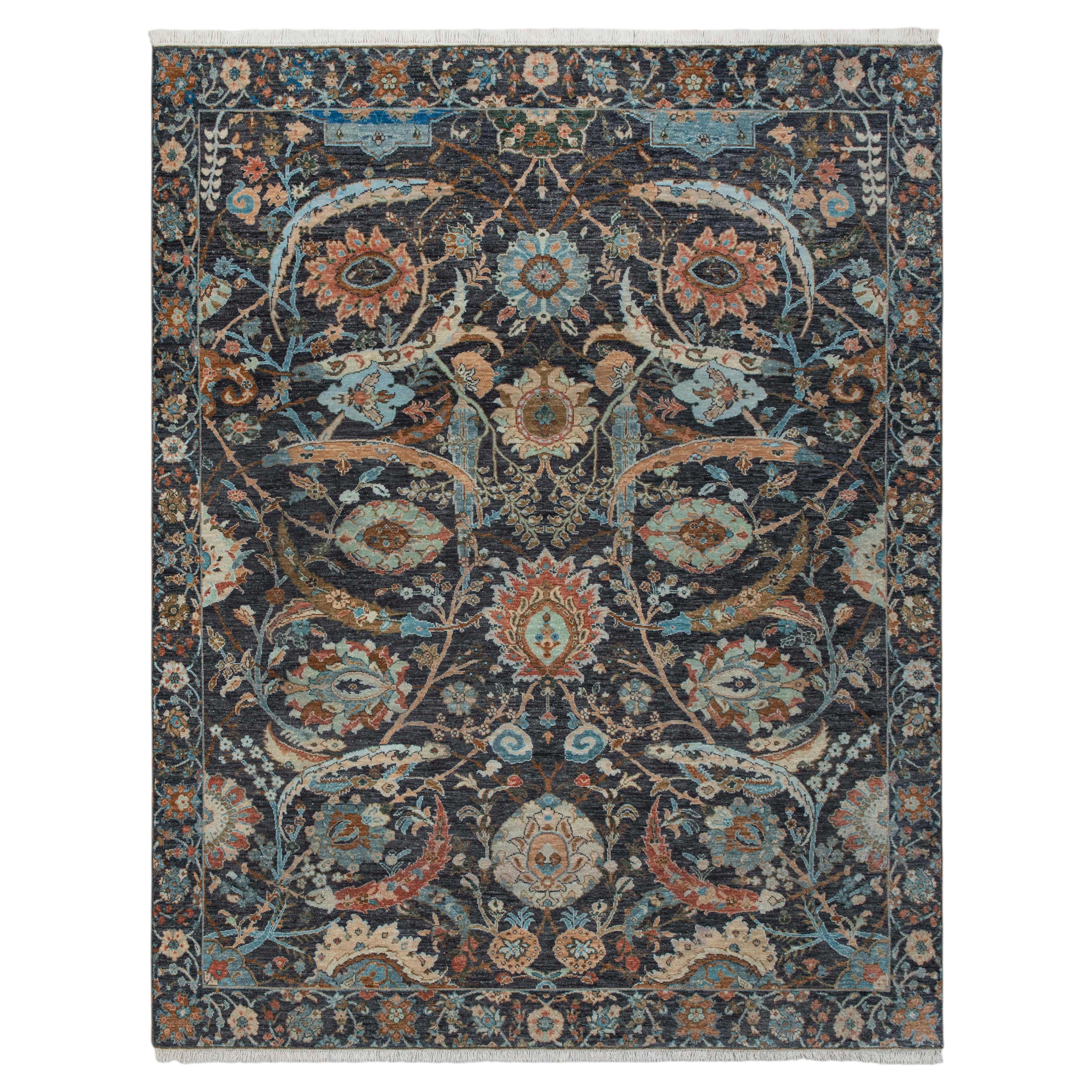 8x10 Navy Authentic Persian Kerman Sickle Hand Knotted Wool Rug ( JC - 7300 ) For Sale