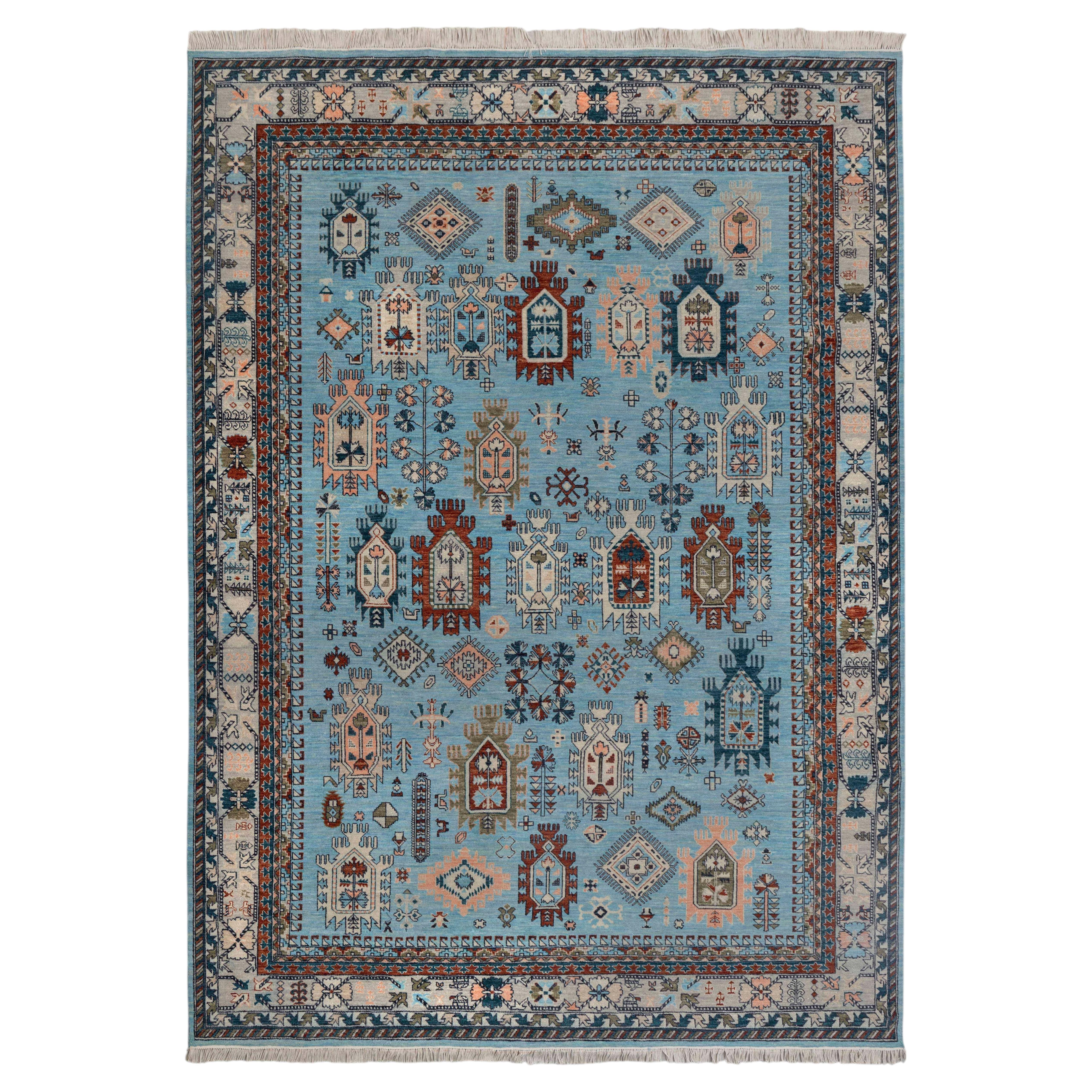 9x12 Blue Retro Karaje Kazak Hand Knotted Wool Rug ( 1308 ) For Sale