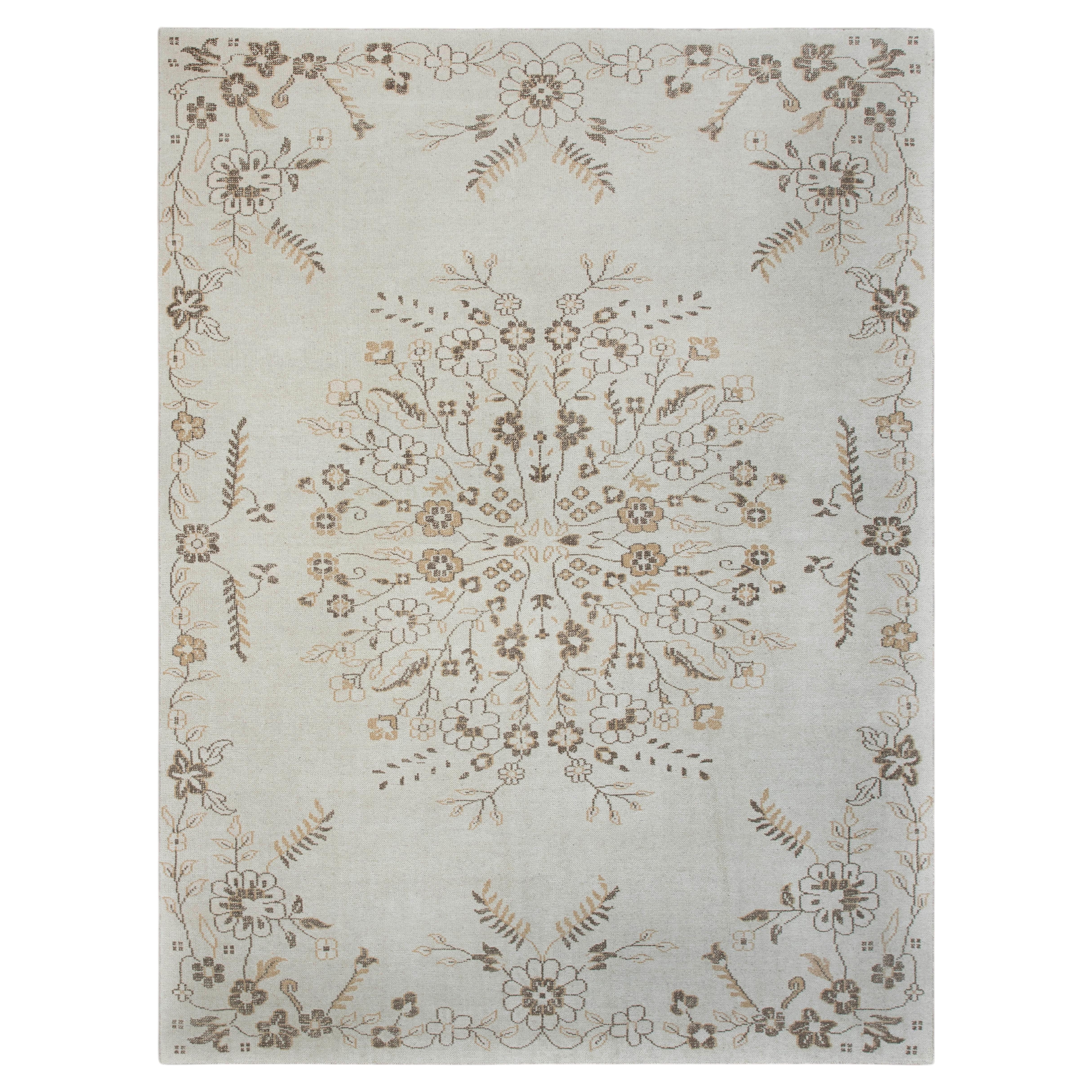 10x14, elfenbeinfarbener, handgeknüpfter Wollteppich mit Blumenmotiven in Flachwebtechnik (G - 15683)