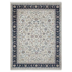 10x14 Ivory Navy Nain Persian Medallion Hand Knotted Wool Silk Rug ( G - 15909 )