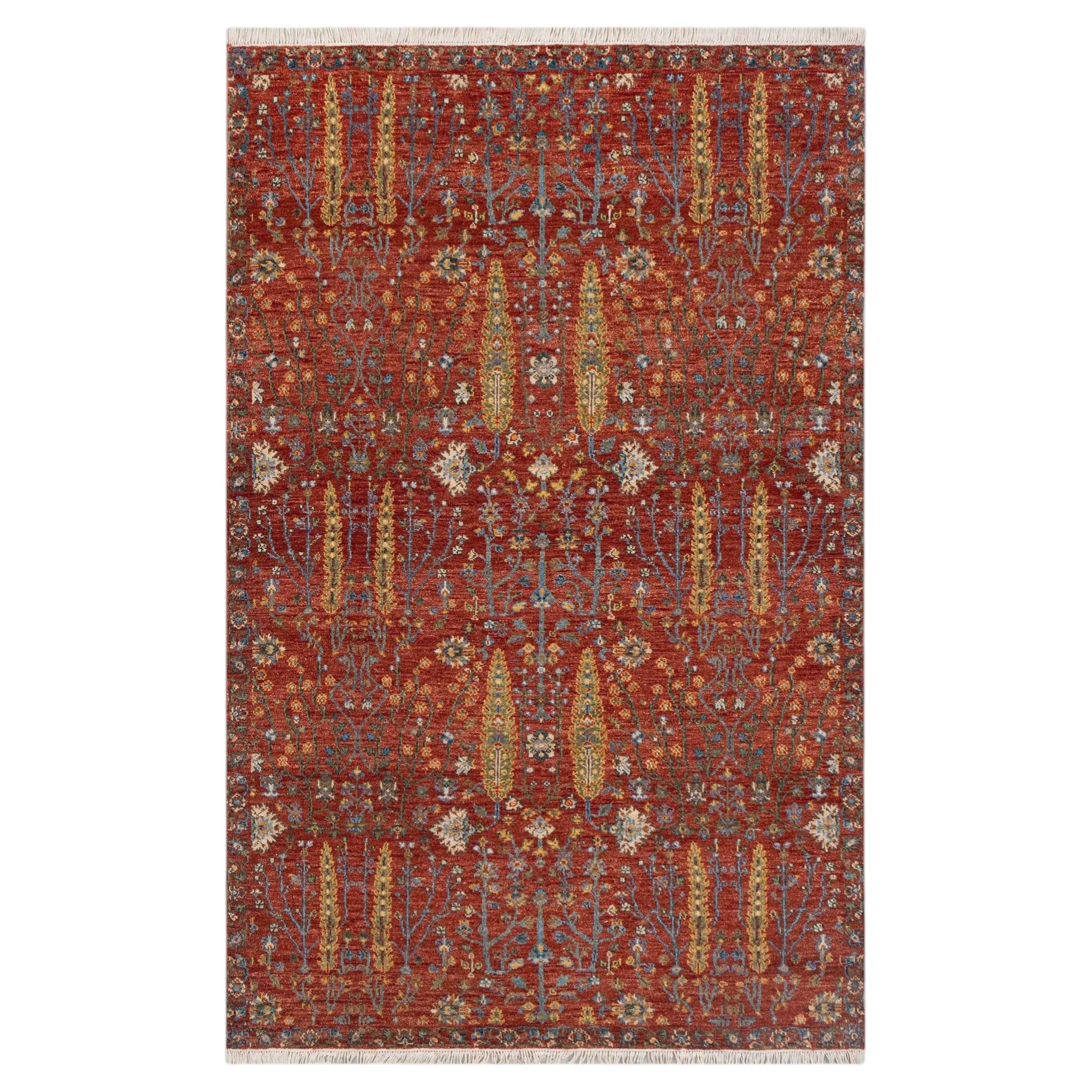5x8 Red Tree Of Life Garden Hand Knotted Wool Rug ( JC - 10898 ) For Sale
