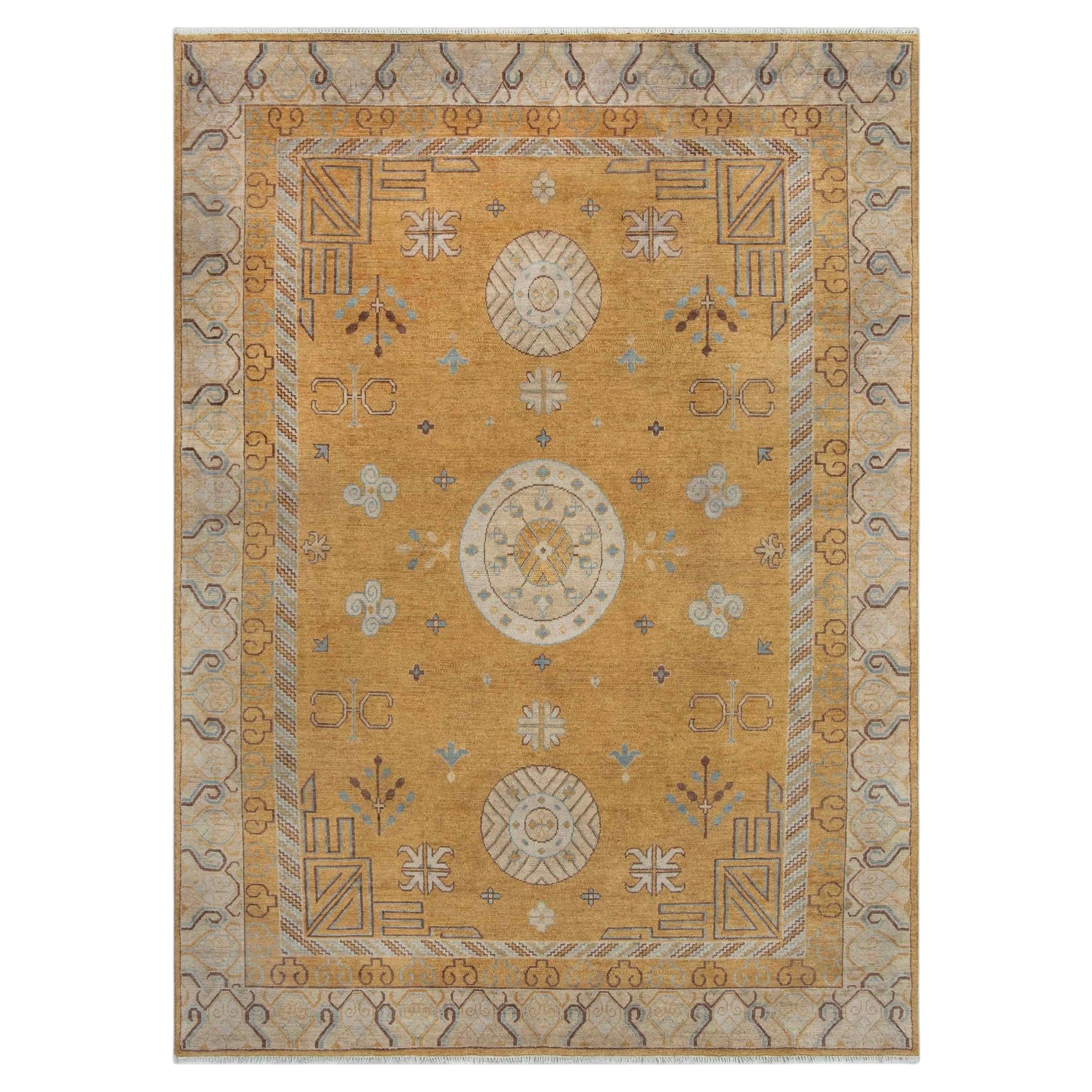 10x14 Gold Beige Medallion Persian Khotan Hand Knotted Wool Rug ( G - 13088 )