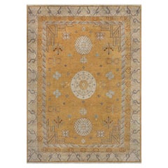10x14 Gold Beige Medallion Persian Khotan Hand Knotted Wool Rug ( G - 13088 )