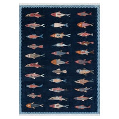 6x9 Navy Blue Fish Motifs Hand Knotted Soft Wool Rug ( G - 16121 )