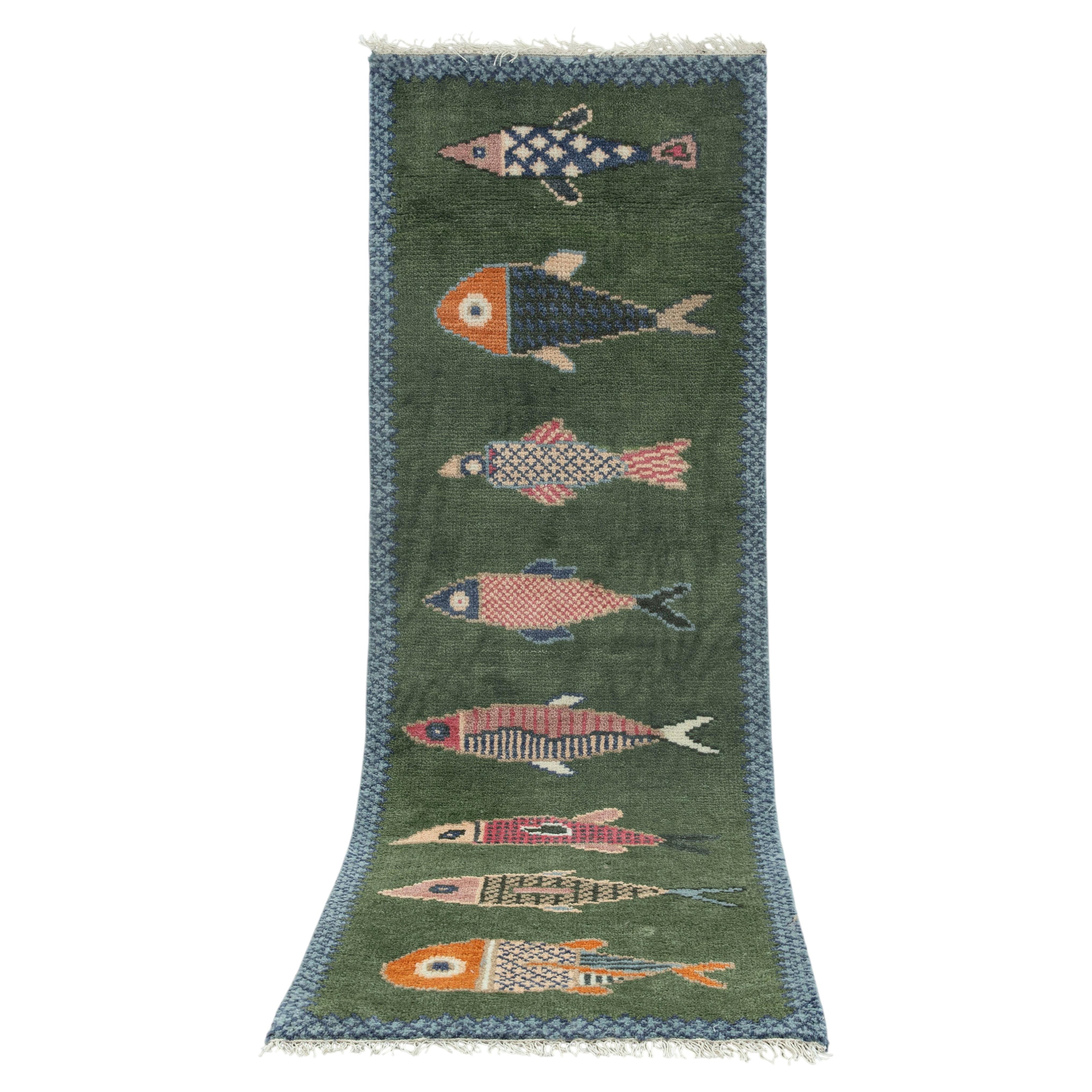 4x30 Green Fish Hand Knotted Runner For Hallway / Staircase Rug ( G - 14796 )