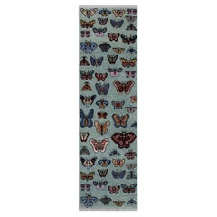 4x30 Blue Butterfly Hand Knotted Runner For Hallway /Staircase Rug ( G - 16147 )