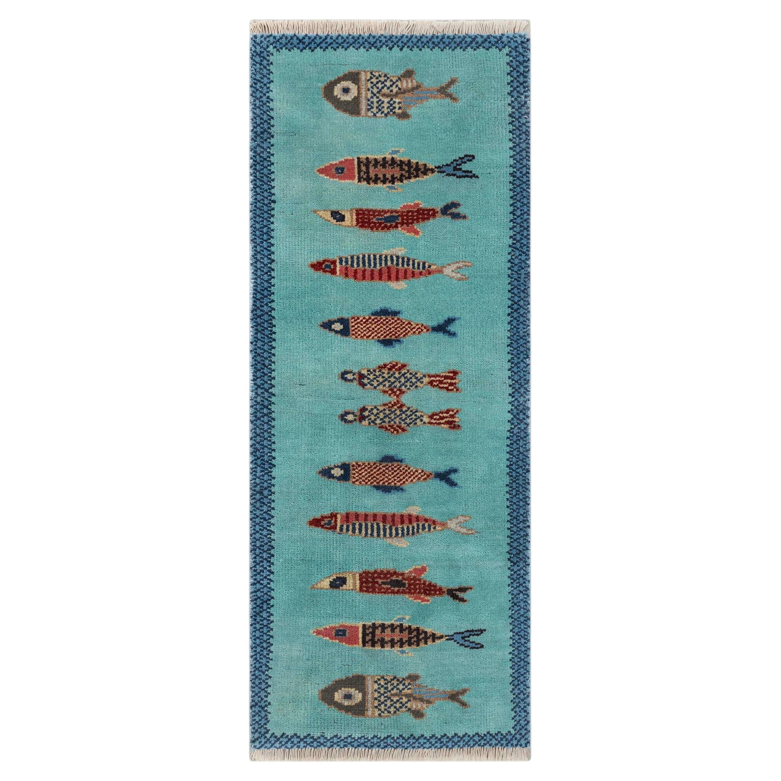 4x30 Blue Fish Hand Knotted Runner For Hallway / Staircase Rug ( G - 15936 )