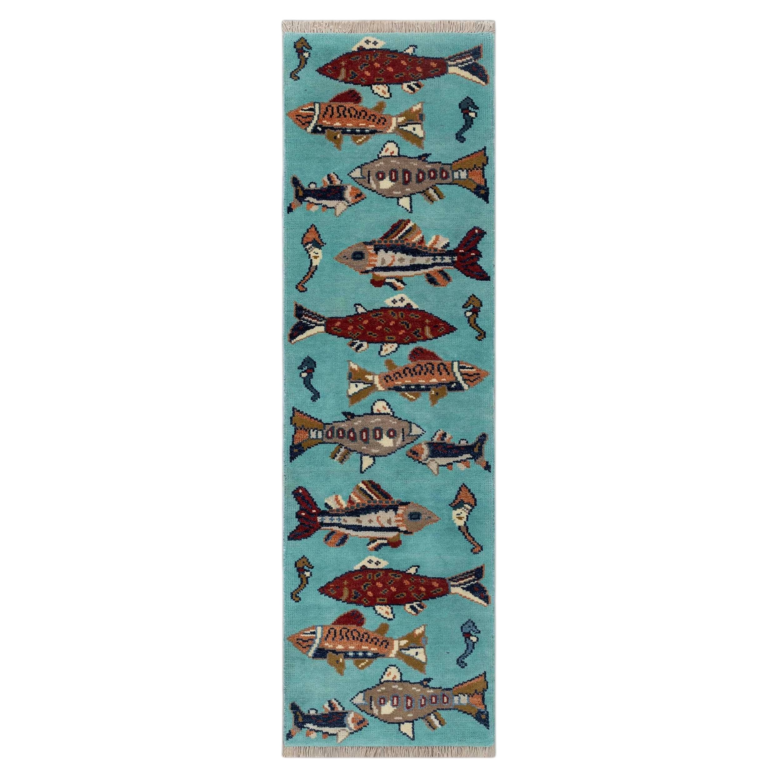 4x30 Blue Fish Hand Knotted Runner For Hallway / Staircase Rug ( G - 15937 )