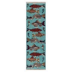 4x30 Blue Fish Hand Knotted Runner For Hallway / Staircase Rug ( G - 15937 )