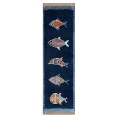 4x30 Navy Blue Fish Hand Knotted Runner For Hallway / Staircase Rug ( G - 14850)
