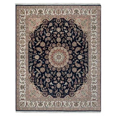 10x14 Navy Ivory Indo Nain Wool Silk Hand Knotted Wool Rug ( G - 16253 )