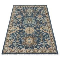 Tappeto in lana annodato a mano 5x8, stile tradizionale Oushak, blu e beige (G - 16587)