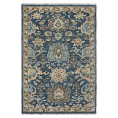 Tappeto in lana annodato a mano 5x8, stile tradizionale Oushak, blu e beige (G - 16587)