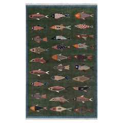 Alfombra de lana para el pasillo, de estilo Oushak turco «Green Fish», tejida a mano, 6x9 (G - 16852)
