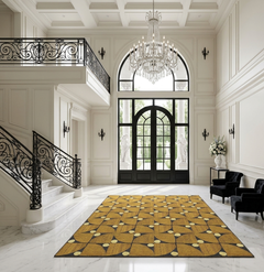 Alfombra de abacá tejida a mano con diseño geométrico de molinete, en tonos mostaza, ocre y carbón; alfombra de cáñamo de Manila