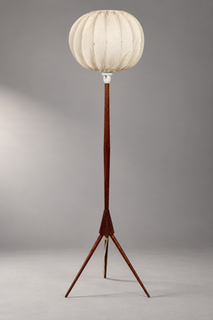 Swedish Scandinavian Modern Teak Tripod Floor Lamp with Original Pleated Fabric