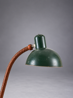 ASEA, Table Lamp, Braided Leather Arm, Green Lacquered Metal.