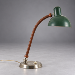 ASEA, Table Lamp, Braided Leather Arm, Green Lacquered Metal.