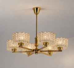 Lampadario moderno svedese a sei luci in ottone e vetro, Svezia, anni ’60
