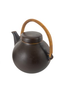 Arabia, Pair of Scandinavian Modern Stoneware Teapots with Woven Rattan Handles