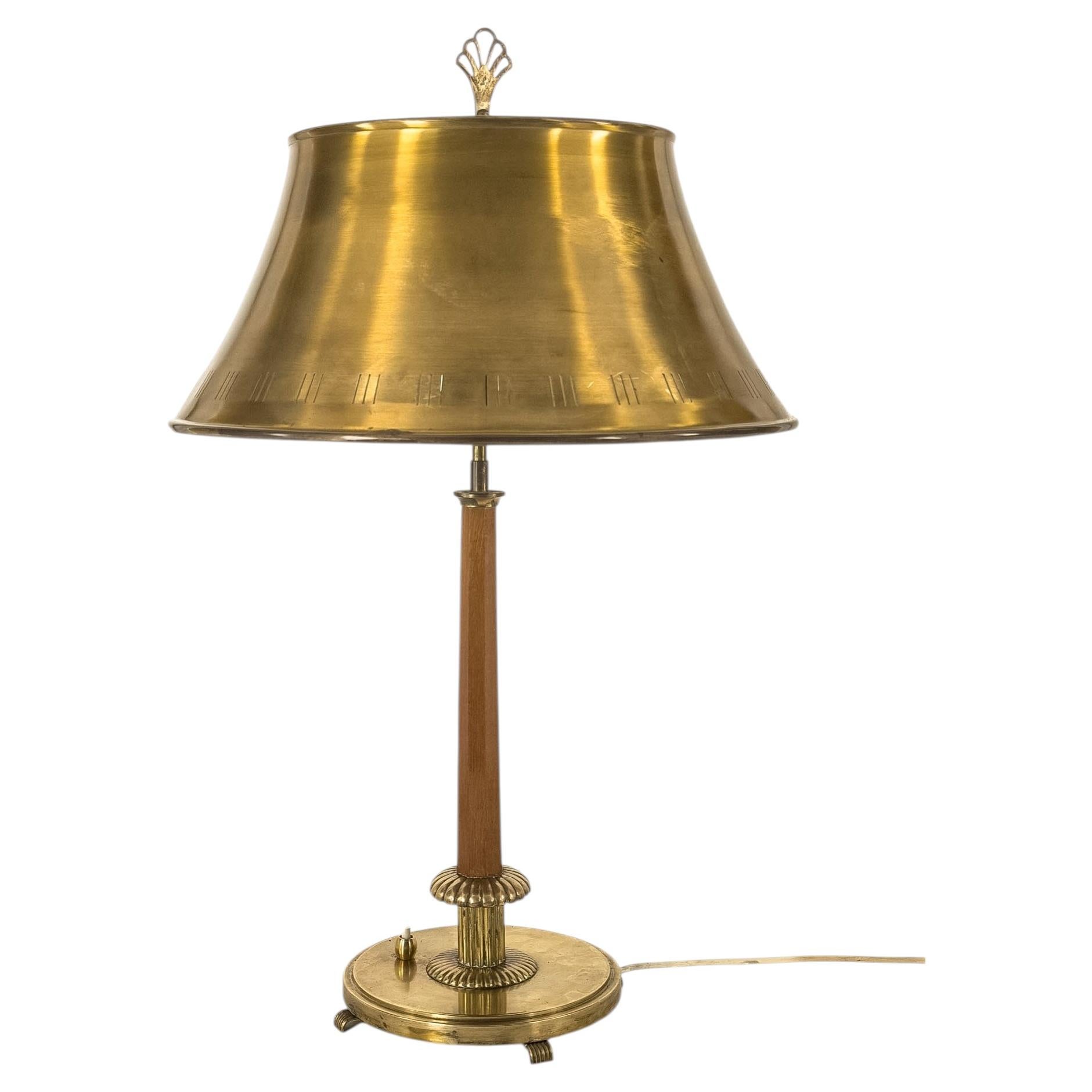 Harald Notini for Böhlmarks, Monumental Table Lamp in Brushed Brass and Mahogany For Sale