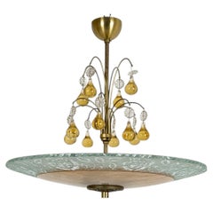 Swedish Modern Floral Glass Ceiling Plafond with Patinated Brass, Sweden, 1940s