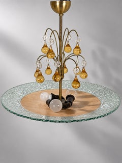 Moderne schwedische Glas-Deckenleuchte mit Blumenmuster und patiniertem Messing, Schweden, 1940er Jahre