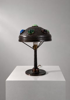 Art Nouveau Table Lamp in Patinated Metal with Multicolored Glass Cabochons