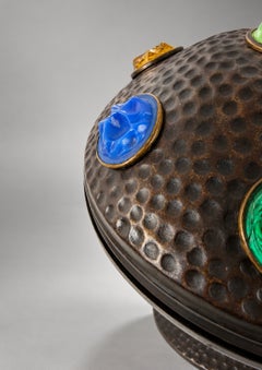 Art Nouveau Table Lamp in Patinated Metal with Multicolored Glass Cabochons