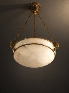 French Art Deco Alabaster and Brass Chandelier, 1930s