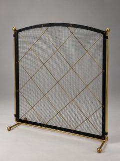 Vintage Brass and Black Metal Fireplace Screen with Geometric Lattice Design