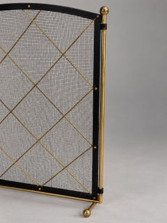 Vintage Brass and Black Metal Fireplace Screen with Geometric Lattice Design