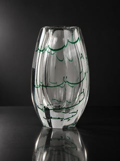 Elis Bergh für Kosta – Schwedische Art-Déco-Vase aus klarem Glas mit grünem Spiralmuster