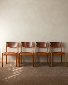 Brutalist Elm and Leather Dining Chairs by Maison Regain, 1970s, Set of 4