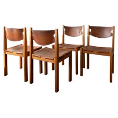 Brutalist Elm and Leather Dining Chairs by Maison Regain, 1970s, Set of 4