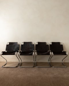 Italian Chrome and Cowhide Cantilever Dining Chairs, 1970s, Set of 4
