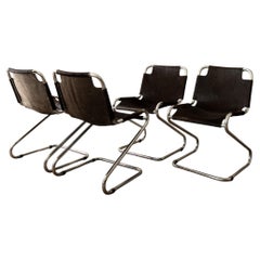 Italian Chrome and Cowhide Cantilever Dining Chairs, 1970s, Set of 4