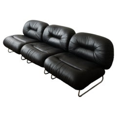 Italian Leather and Chrome Lounge Chairs, 1980s, Set of 3