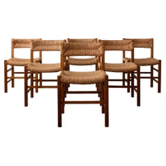 French Mid-Century Wood and Rush Dining Chairs, 1960s, Set of 6