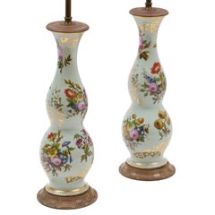 Pair Tall Antique Louis Philippe French Paris Porcelain Floral Table Lamps 1835