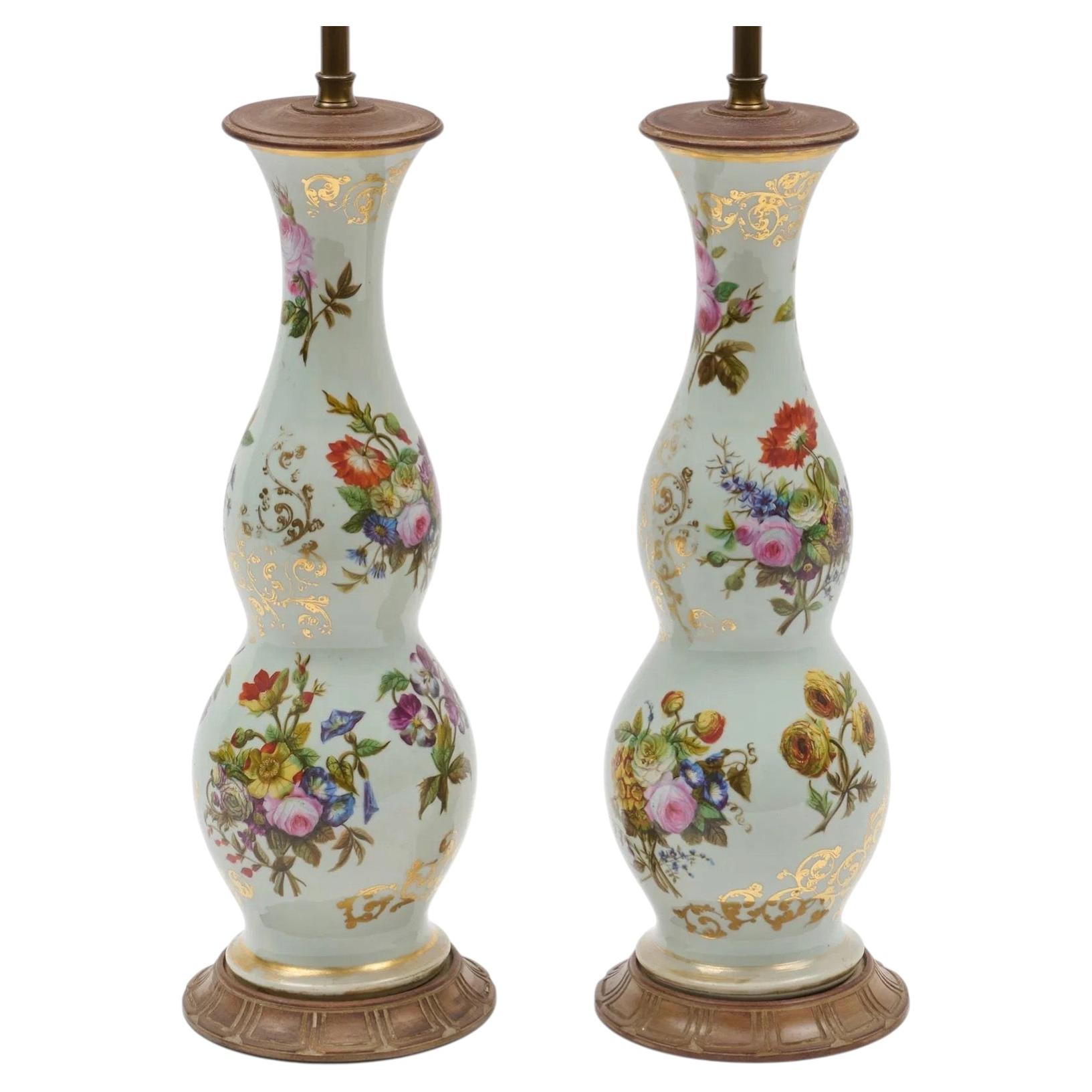 Pair Tall Antique Louis Philippe French Paris Porcelain Floral Table Lamps 1835