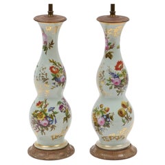 Pair Tall Antique Louis Philippe French Paris Porcelain Floral Table Lamps 1835