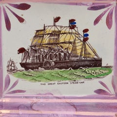 Placa de pared o bandeja inglesa de Staffordshire con brillo rosado: el barco de vapor «Great Eastern»