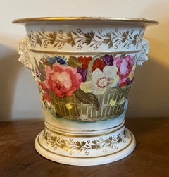 Pair English Porcelain Cachepot Flower Pots with Satyr Mask Handles Circa 1820