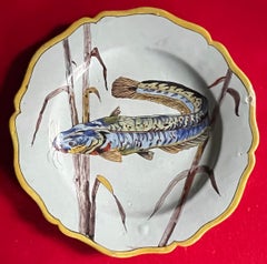 Antique 19th Century Hand Painted French Art Nouveau Faience Fish Plate