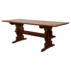 Mid-Century Rustic Pine Trestle Dining Table, Scandinavian Modern Country, 1940s